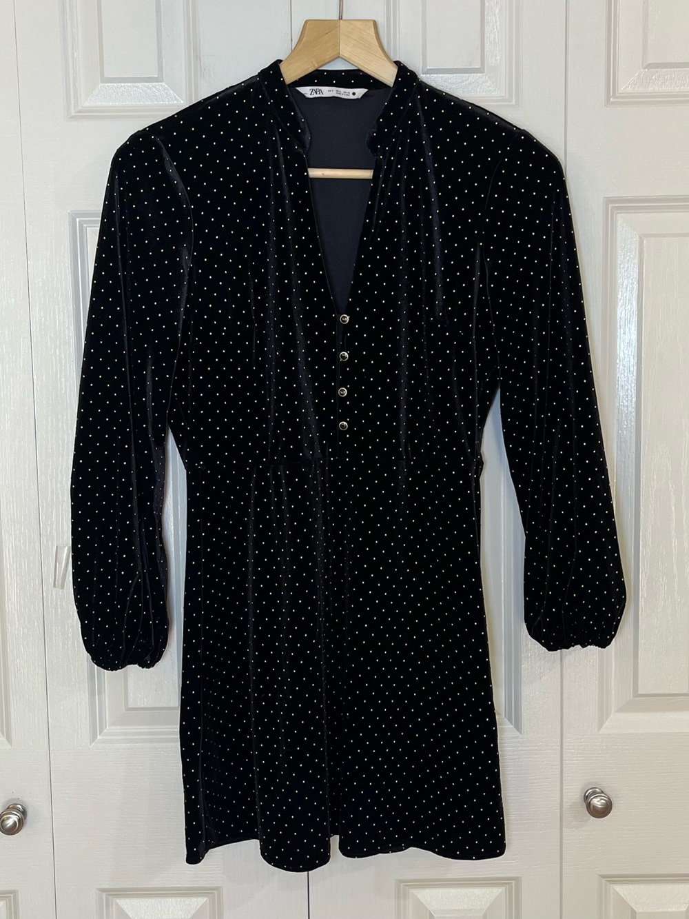 Zara Velvet Black Gold Studded Long Sleeve V Neck Mini Dress Small